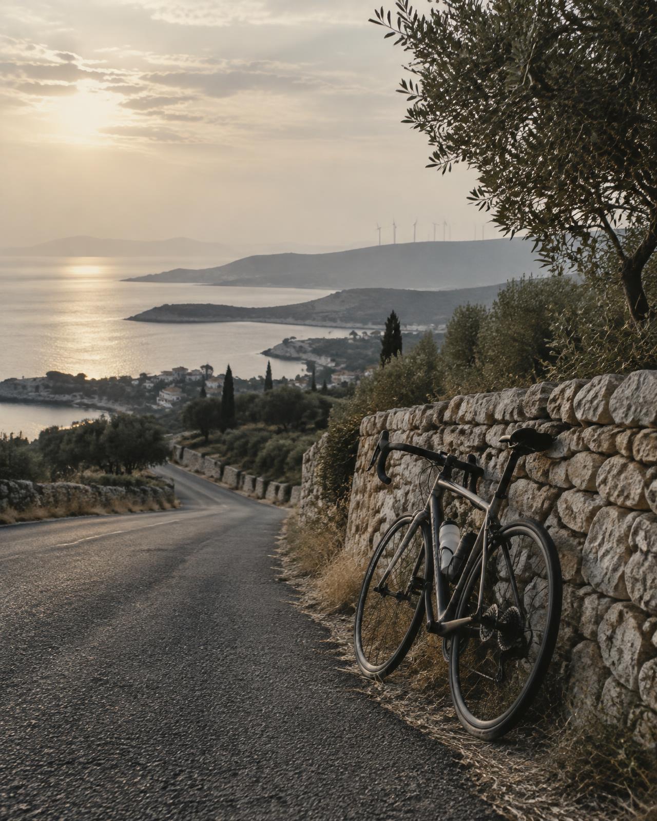 A bicycle resting against a dry stone wall above the Çeşme coast at first light